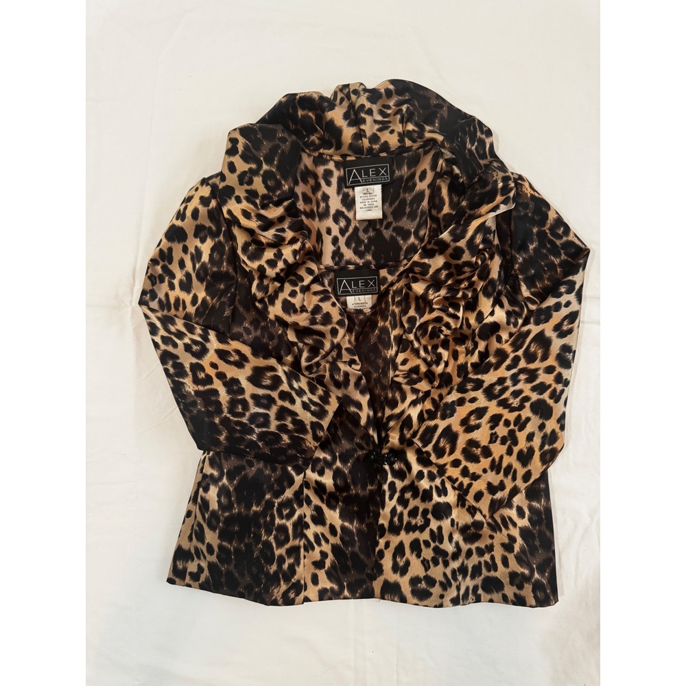Vintage 90s Y2K Alex Evenings Glam Mob Wife Leopard Print Ruffle Jacket Set L